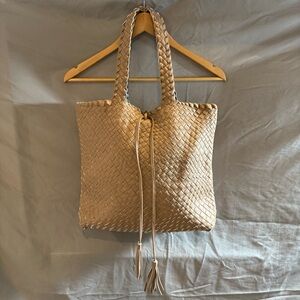 Woven Faux Leather Beige Tote Bag Blue Interior Unlined Boho Stylish Handbag